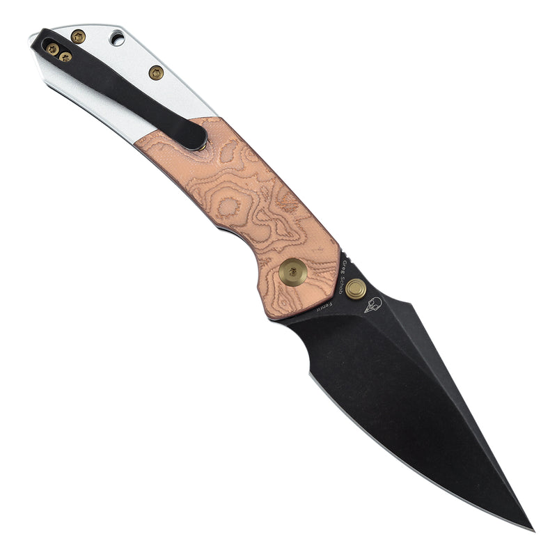 KANSEPT Fenrir Button Lock G-10 with Copper Foil Handle (3.45'' Blackwash 154CM Blade) Sparrow Knife Designed- T1034B2