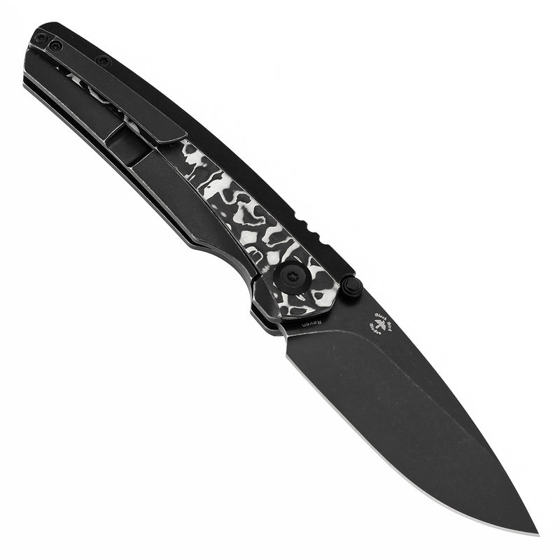 KANSEPT Thumb Stub Raven Blackwash Titanium, Black and White Nebula Carbon Fiber(3.13" CPM 20CV Blade) with Black Bird Blades Design-K2109A1