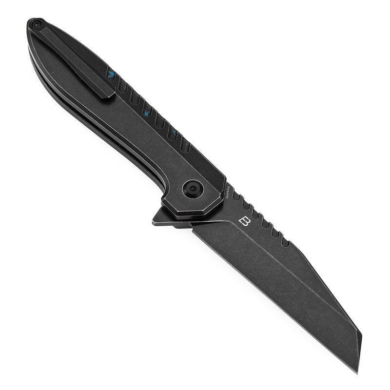 KANSEPT Kosame Button Lock Blackwash Titanium with Blue Carbon Fiber Inlay (3.37" 154CM Blade) with EI Spade Design-T1093F2