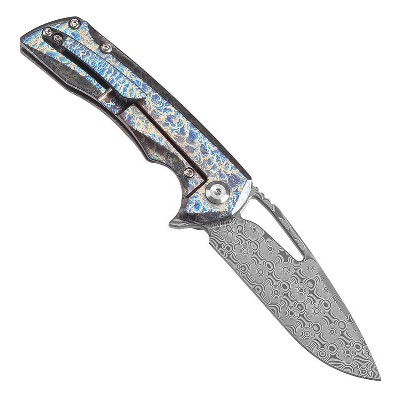 KANSEPT Mini Kryo Thumb Hole Titanium with Lightning Strike Finish Handle (2.9" Damascus Blade) Kim Ning Design-K2001S2