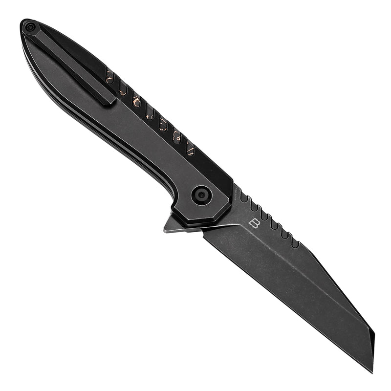 KANSEPT Kosame Button Lock Blackwash Titanium with Copper Carbon Fiber Inlay (3.37" 154CM Blade) with EI Spade Design-T1093F3