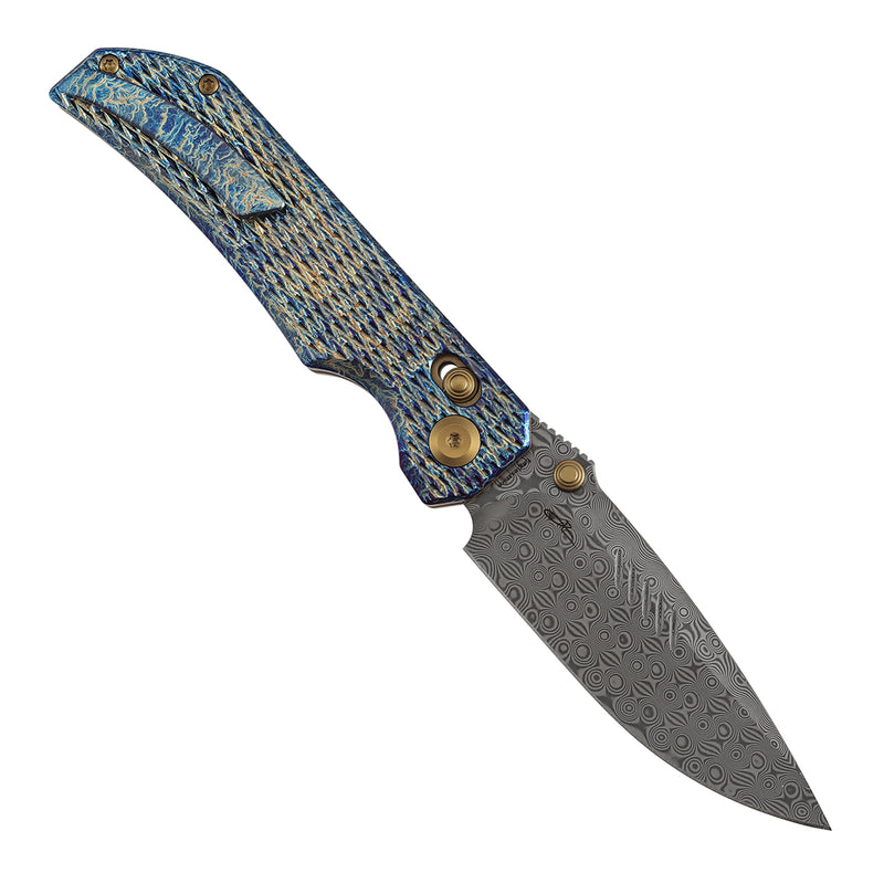 【Preorder】Ship by Dec 10th-KANSEPT Eaglestrike Crossbar Lock Knife Lightning Strike Finish Titanium with Diamond Pattern Handle(3.73'' Damascus Blade) James Lowe Design-K1095V5