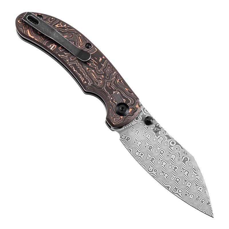 KANSEPT Nesstreet Button Lock Copper Carbon Fiber Handle(3.58" Damascus Blade) with Karambit Maker design-K1039F7