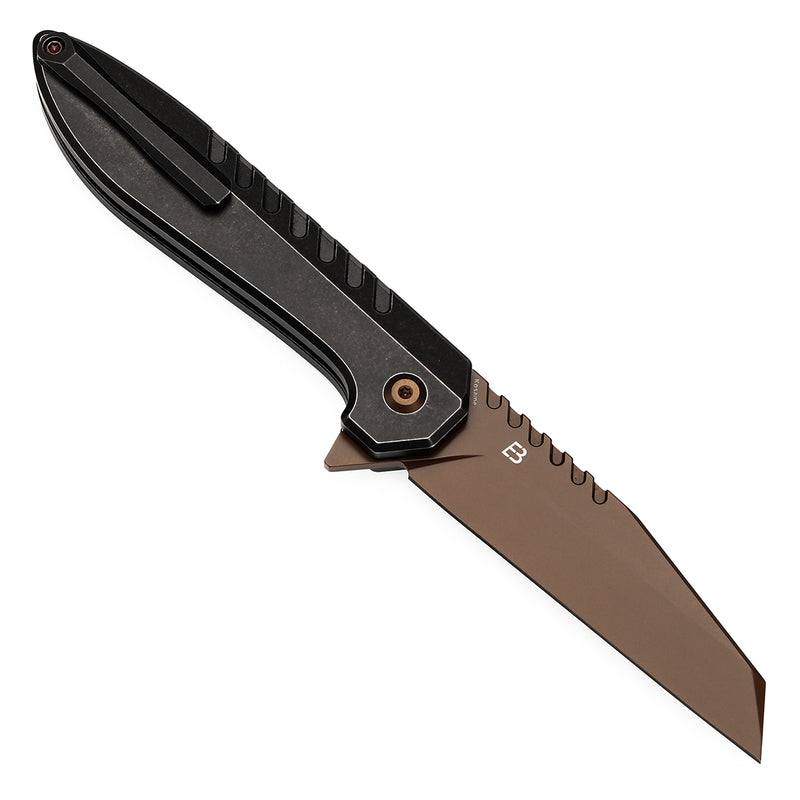 KANSEPT Kosame Button Lock Blackwash Titanium with Black G10 (3.37" Rose Gold Coated 154CM Blade) with EI Spade Design-T1093F7