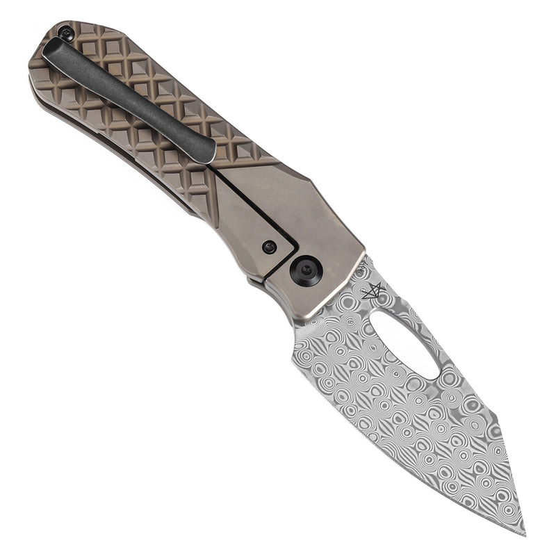 KANSEPT Loki Thumb Hole Knife Bronzed Anodized Titanium with Frag Pattern Handle (2.99''Damascus Blade)Steven Dunnuck Design-K1058B5