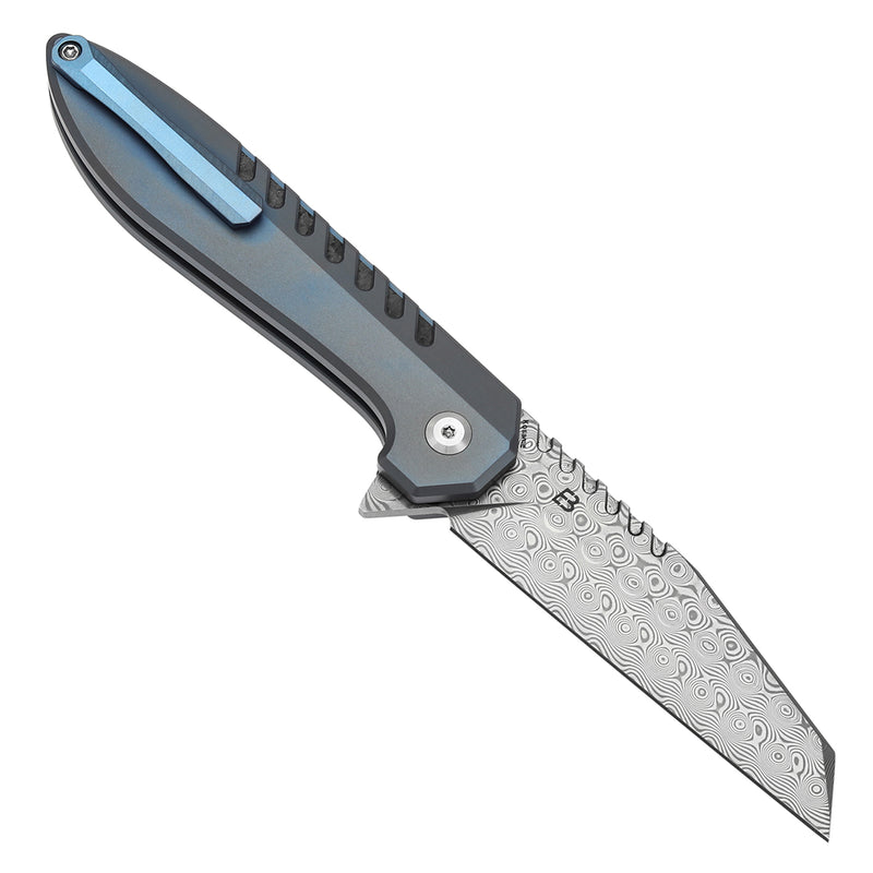 KANSEPT Kosame Button Lock Blue Anodized Titanium with Shred Carbon FIber Inlay (3.37" Damascus Blade) with EI Spade Design-T1093F1
