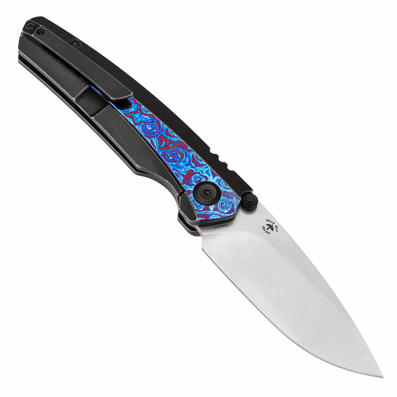 KANSEPT Thumb Stub Raven Blackwash Titanium wtih Timascus Handle (3.13" CPM 20CV Blade) with Black Bird Blades Design-K2109A5