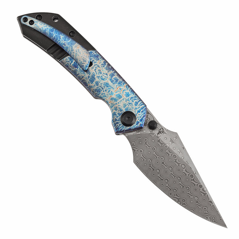 KANSEPT Fenrir Liner Lock Blackwash Titanium with Lightning Strike Finish Titanium Inlay Handle (3.48'' DamascusBlade) Sparrow Knife Designed- K1034D2