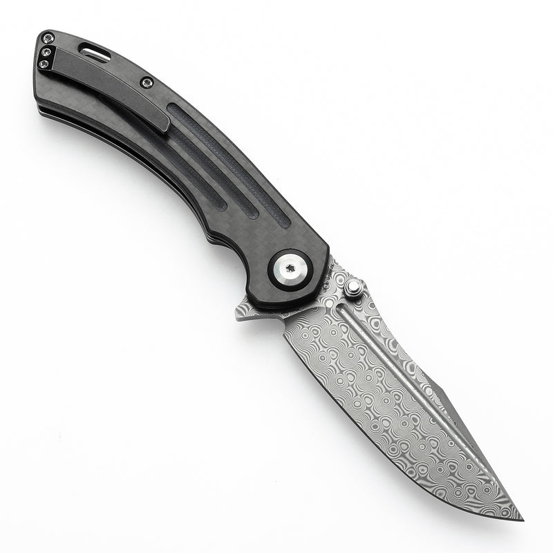 KANSEPT Pretatout Thumb Stub Flipper Carbon Fiber and G10 Handle (3.56“ Damascus Blade) with Kmaxrom Design-K1032D3