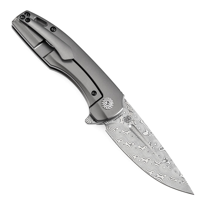 KANSEPT Cassowary Flipper Knife Grey Anodized Titanium Handle (2.9'' Damascus Blade) Koch Tools -K2065A4