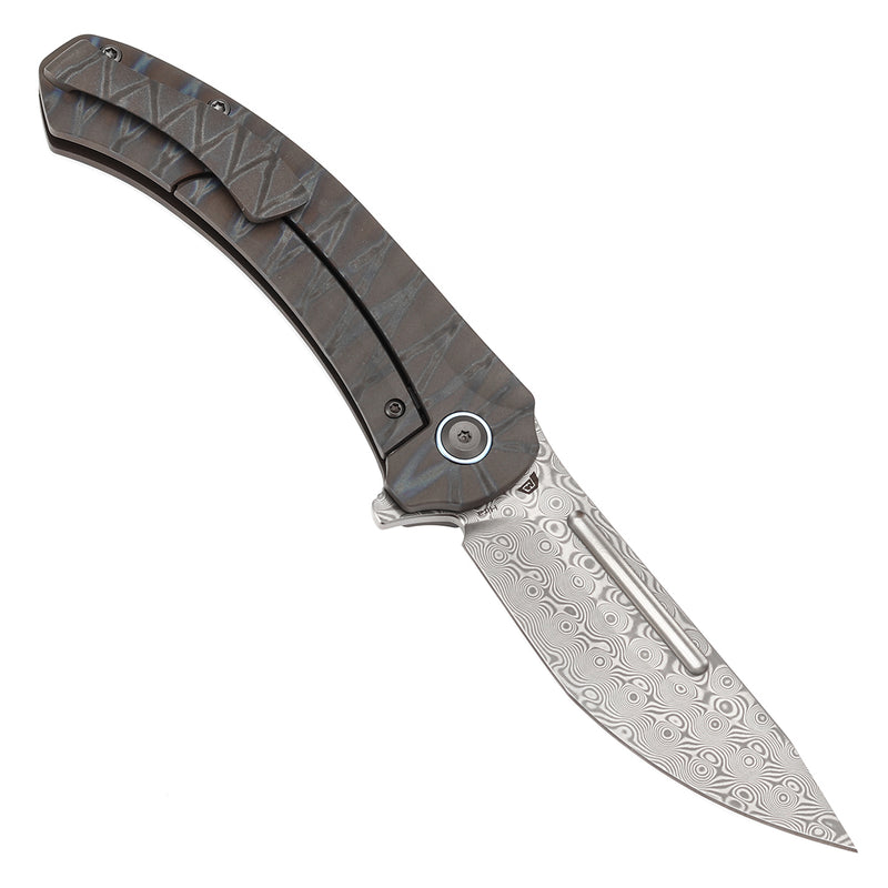 KANSEPT Hira Flipper Tiger Stripe Flamed Titanium Handle (3.46" Damascus Blade) with Marco Knives Design-K1090A5