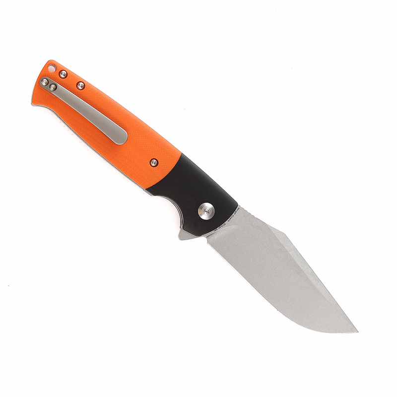 Shikari SBL  Button Lock T2027B2 Stonewashed 154CM Blade Black Aluminum + Orange G10 Handle with Morgan Koens Dessign