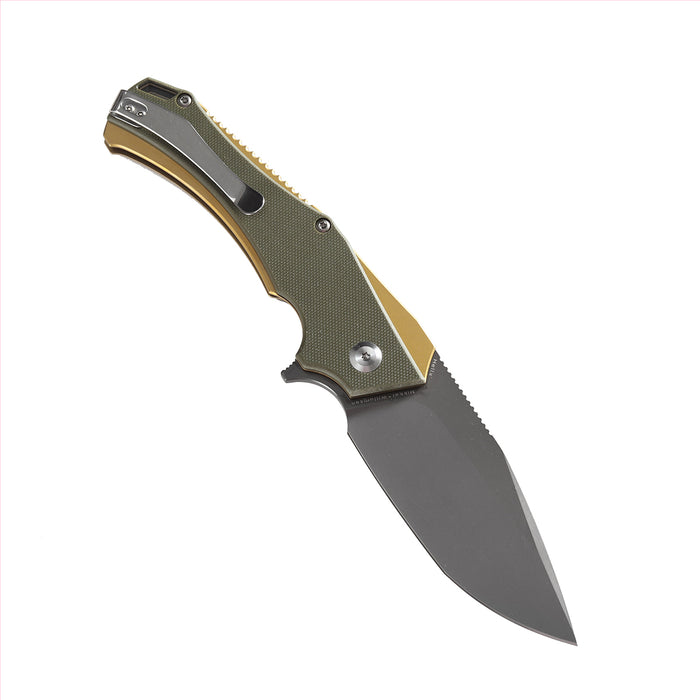 Hellx T1008A2 Budget-Friendly Folding Hunting Knife with Green G10 Handle Gray TiCn Coated D2 Blade