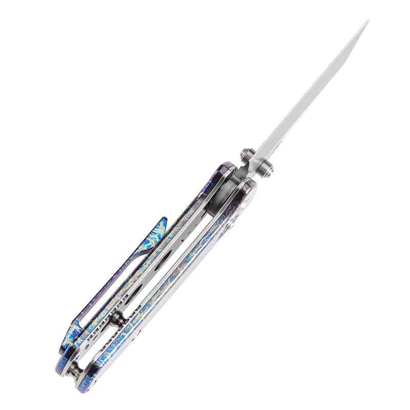 KANSEPT Little Main Street Cross Bar Lock Titanium with Lightning Strike Finish Handle (2.26'' Damascus Blade) Dirk Pinkerton Design K2015V1