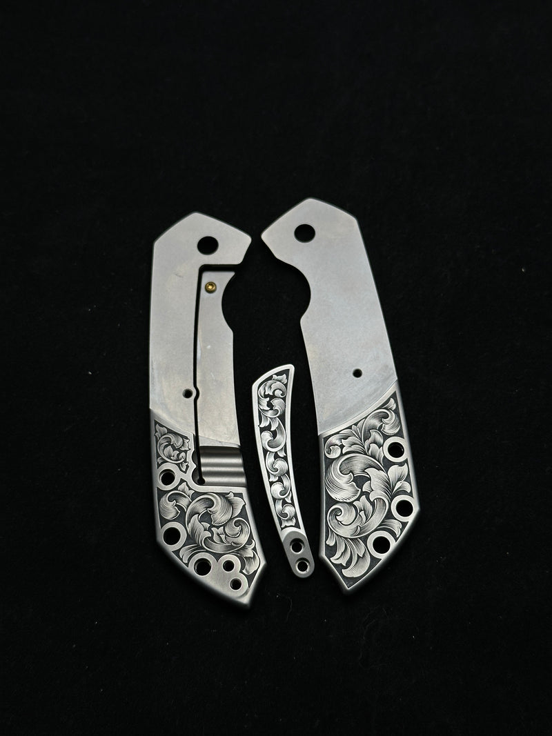 KANSEPT Special Custom Hand Engraved Fenrir Beadblasted Titanium and Shred Carbon Fiber Handle (3.48'' Damascus Blade) Greg Schob Design