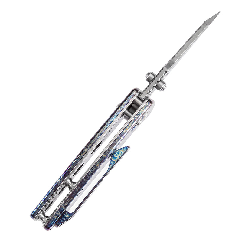 KANSEPT Little Main Street Cross Bar Lock Titanium with Lightning Strike Finish Handle (2.26'' Damascus Blade) Dirk Pinkerton Design K2015V1