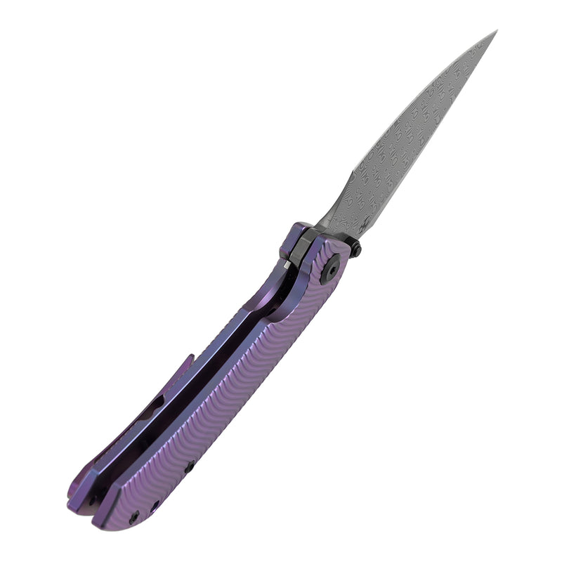 【Preorder】Ship by Dec.20th-KANSEPT Fenrir Frame Lock Purple Anodized Titanium with Micro Milled Water Ripple Texture Handle (3.48'' Damascus Blade) Sparrow Knife Designed- K1034C5