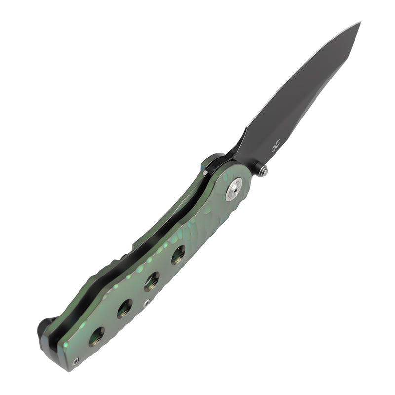 Kansept Caveman | Frame Lock | Green Anodized and Stonewashed Titanium with CNC-machined Rock Pattern | 3.57" CPM 20CV Blade |  Jesse Pauley Designed | K1110A3