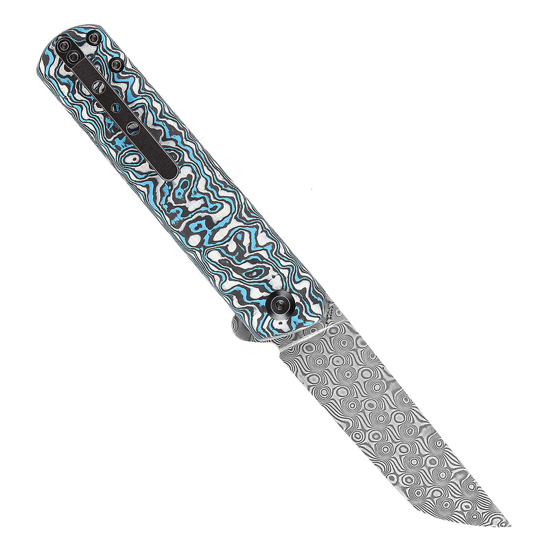 KANSEPT Foosa Slip Joint/Flipper Knife Blue White Carbon Fiber Handle (3.06"Damascus Blade) Rolf Helbig Design-K2020T2