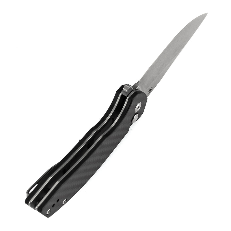 Kansept Accipiter | Button Lock | Twill Carbon FIber & G10 | 3.53" 14C28N Blade | T1007F2
