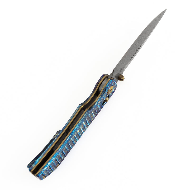 【Preorder】Ship by Dec 10th-KANSEPT Eaglestrike Crossbar Lock Knife Lightning Strike Finish Titanium with Diamond Pattern Handle(3.73'' Damascus Blade) James Lowe Design-K1095V5