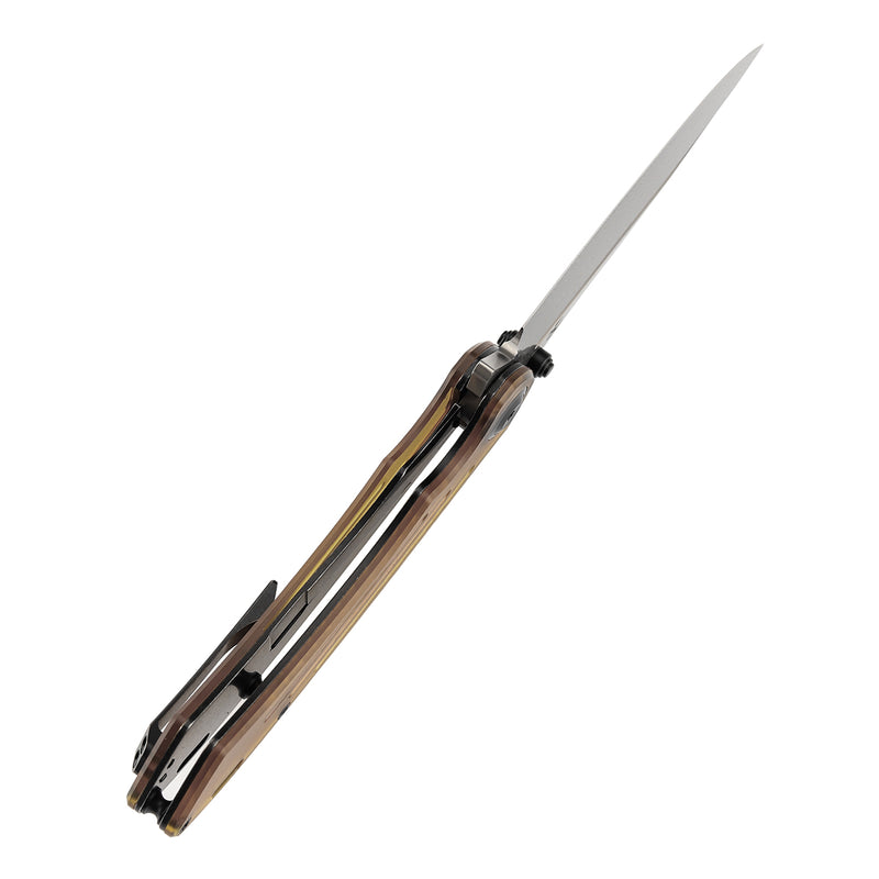 KANSEPT Pretatout Thumb Stub Flipper Amber PEI/Ultem Handle (3.56“ Damascus Blade) with Kmaxrom Design-K1032D4