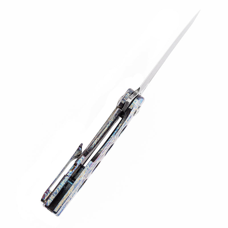 KANSEPT Cassowary Flipper Knife Titanium with Lightning Strike Finish Handle (2.9'' Damascus Blade) Koch Tools -K2065A3