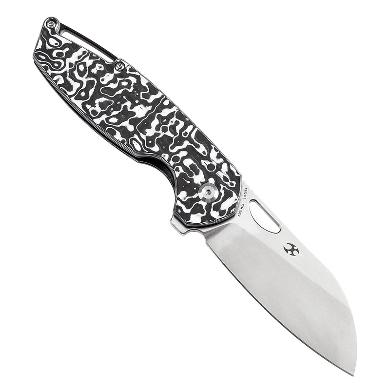 KANSEPT Model 6 Left-handed Flipper/Thumb Hole Knife Black White Carbon Fiber Handle (3.1'' CPM 20CV Blade) -K1022L2