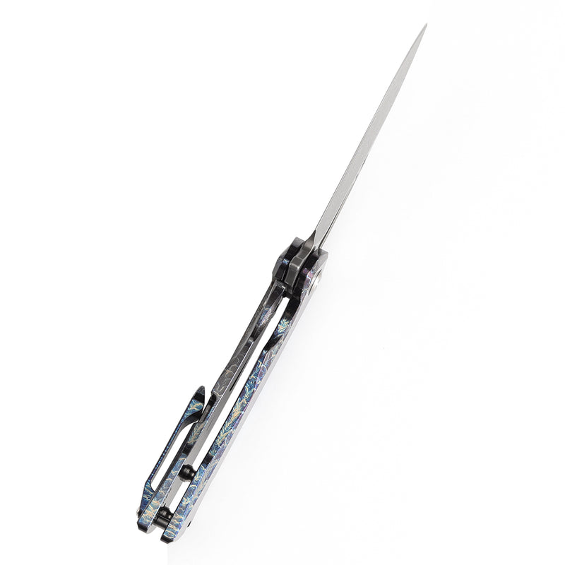 KANSEPT Mini Kryo Thumb Hole Titanium with Lightning Strike Finish Handle (2.9" Damascus Blade) Kim Ning Design-K2001S2