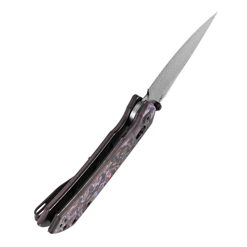 Kansept Fenrir | Crossbar Lock |  Purple Haze Fatcarbon | 3.48" Damascus Blade | Sparrow Knife Design | K1034V9