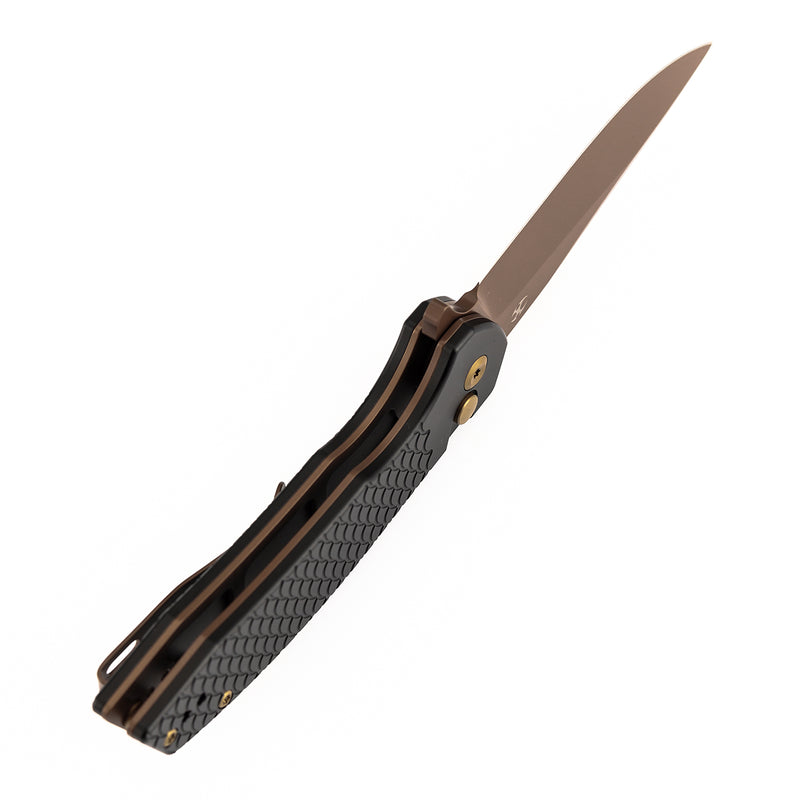 Kansept Accipiter | Button Lock | Black Anodized Aluminum with Fish Scale Texture | 3.53" Rose Gold 14C28N Blade | T1007F6