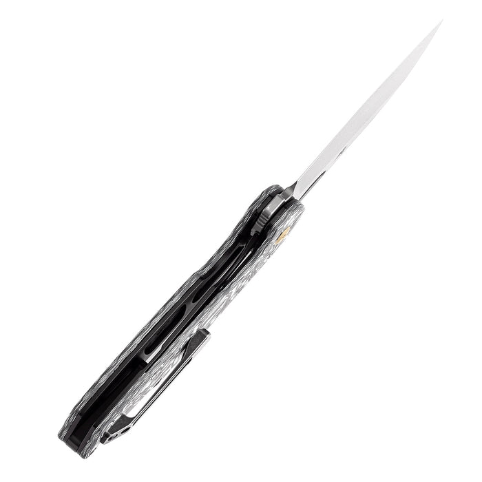 KANSEPT Model 6 Left-handed Flipper/Thumb Hole Knife Black White Carbon Fiber Handle (3.1'' Damascus Blade) -K1022L1
