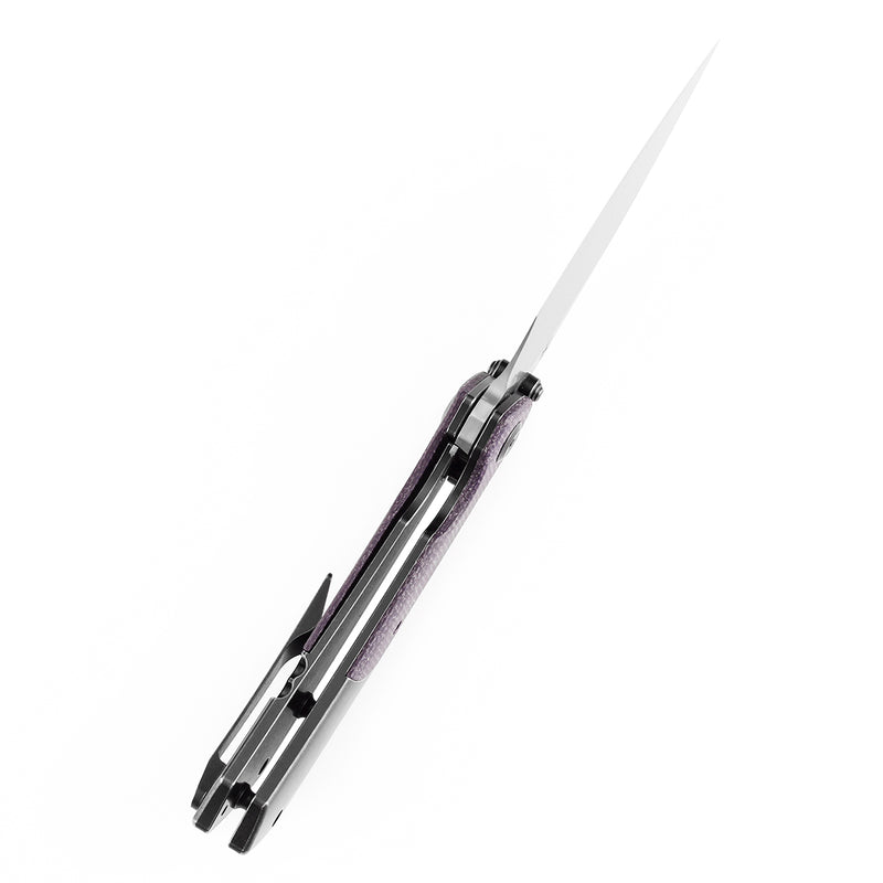 KANSEPT Fenrir Front Flipper/Thumb Stud Knife Blackwash Titanium and Purple Micarta Handle (3.48''Damascus Blade) Greg Schob Design -K1034Z2