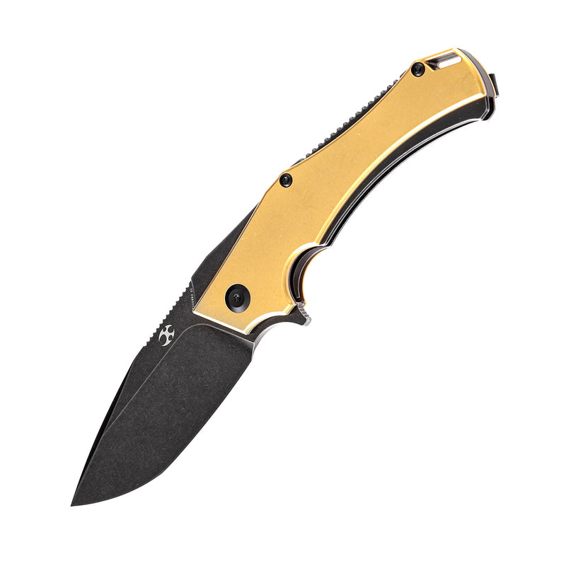 KANSEPT Hellx Thumb Hole Knife Brass Anodized Stainless Steel Handle (3.60"D2 Blade) Mikkel Willumsen Design-T1008B2
