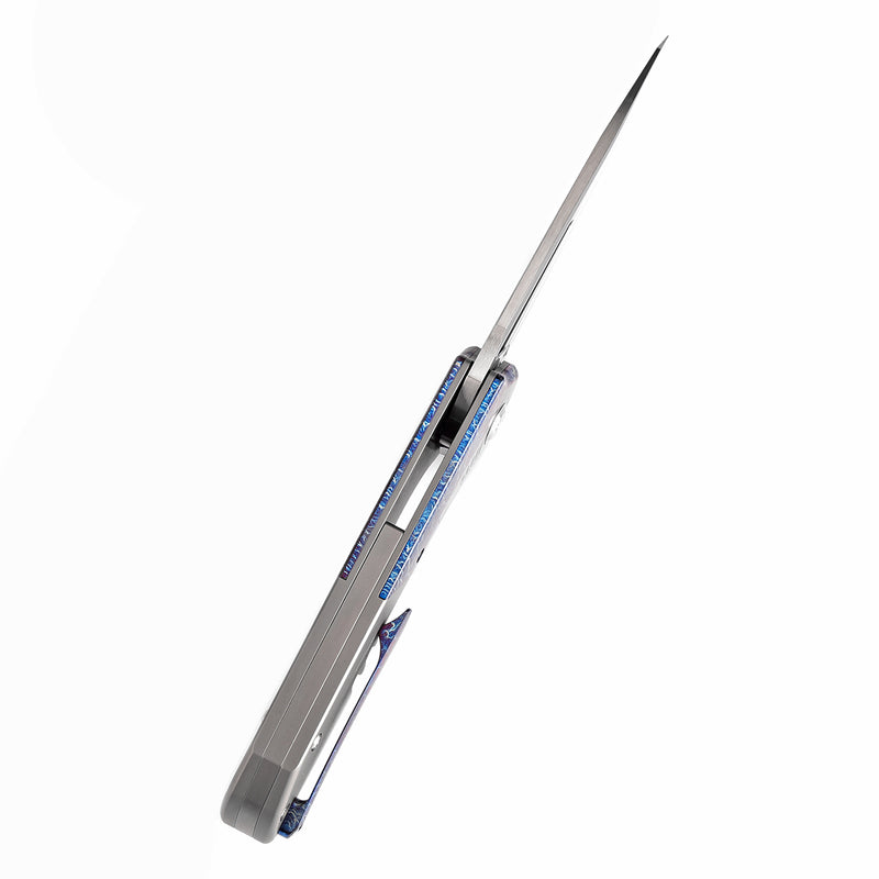 KANSEPT Thoth Thumb Hole Knife Bead Blasted Titanium and Lightning Strike Finished Titanium InlayHandle (3.43''Damascus Blade ) Sparrow Knife Co Design -K1075T5