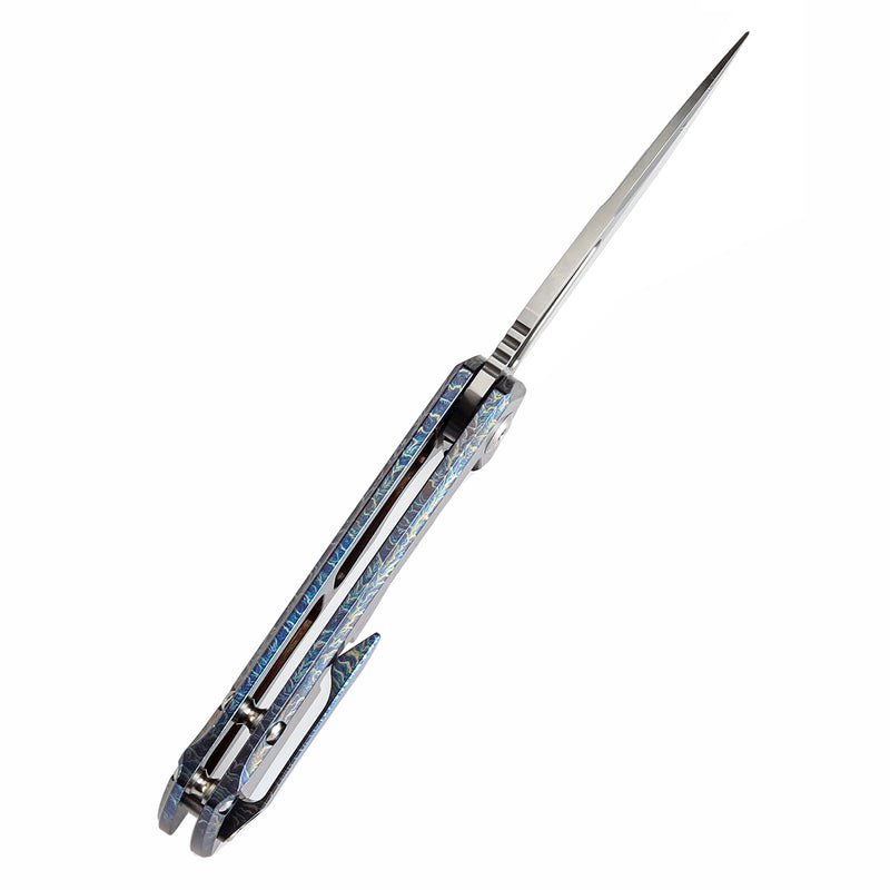 KANSEPT Mini Kryo Thumb Hole Titanium with Lightning Strike Finish Handle (2.9" Damascus Blade) Kim Ning Design-K2001S2