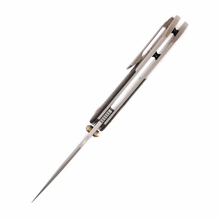 KANSEPT Fenrir Flipper Knife Beadblasted Titanium+ Shred Carbon Fiber Handle (3.48'' Damascus Blade) Greg Schob Design -K1034B1