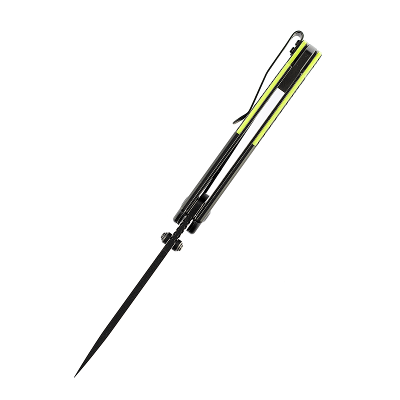 KANSEPT Warrior T1005S2 Black TiCn Coated and Stonewashed Drop Point D2 Blade Black Anodized Aluminum Bolster + Black and Green G10 Handle with Kim Ning Design