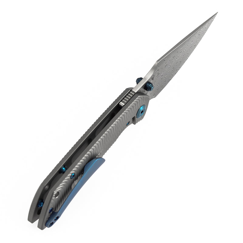 【Preorder】Ship by Dec.20th-KANSEPT Fenrir Frame Lock Beadblasted Titanium with Micro Milled Water Ripple Texture Handle (3.48'' Damascus Blade) Sparrow Knife Designed- K1034C4