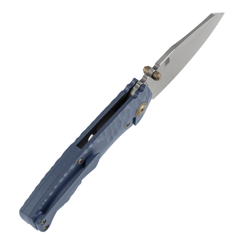 Kansept Caveman | Frame Lock | Blue Anodized and Stonewashed Titanium with CNC-machined Rock Pattern | 3.57" CPM 20CV Blade |  Jesse Pauley Designed | K1110A5