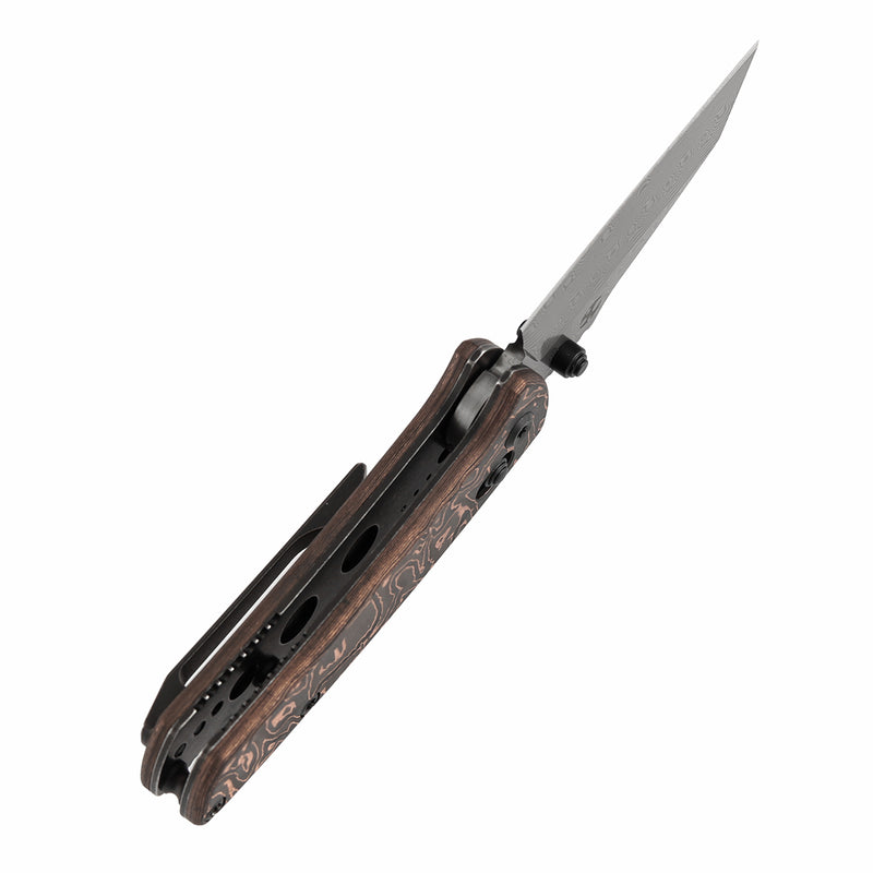 KANSEPT Little Main Street Cross Bar Lock Copper Carbon Fiber Handle (2.26'' Damascus Blade) Dirk Pinkerton Design-K2015V5