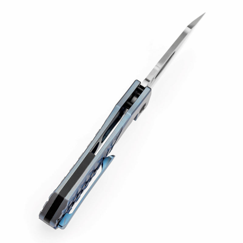 KANSEPT Loki Thumb Hole Knife Blue Anodized Titanium with Frag Pattern Handle (2.99''Damascus Blade)Steven Dunnuck Design-K1058B7