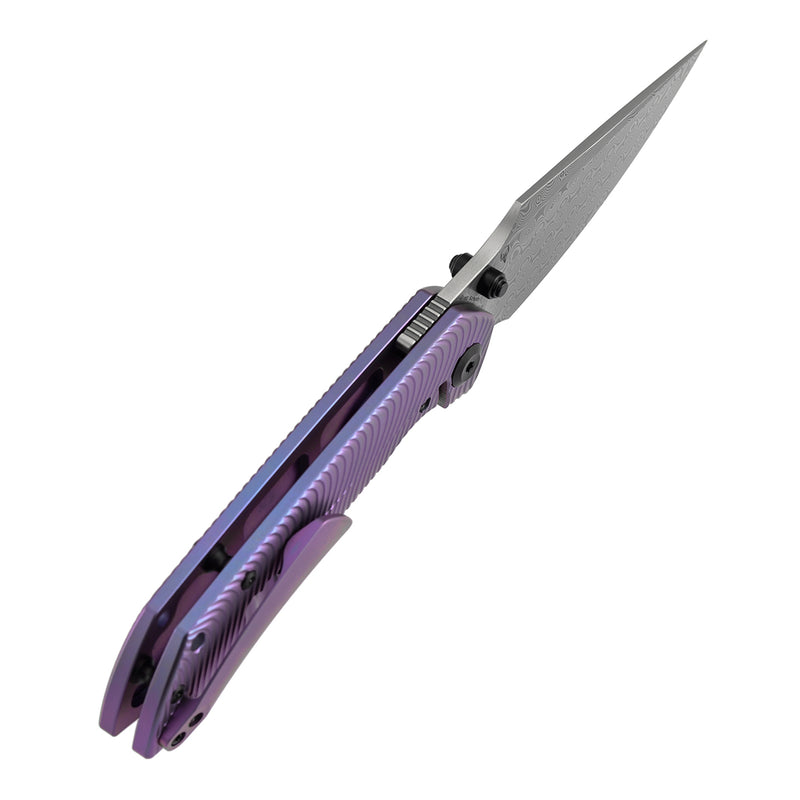 【Preorder】Ship by Dec.20th-KANSEPT Fenrir Frame Lock Purple Anodized Titanium with Micro Milled Water Ripple Texture Handle (3.48'' Damascus Blade) Sparrow Knife Designed- K1034C5
