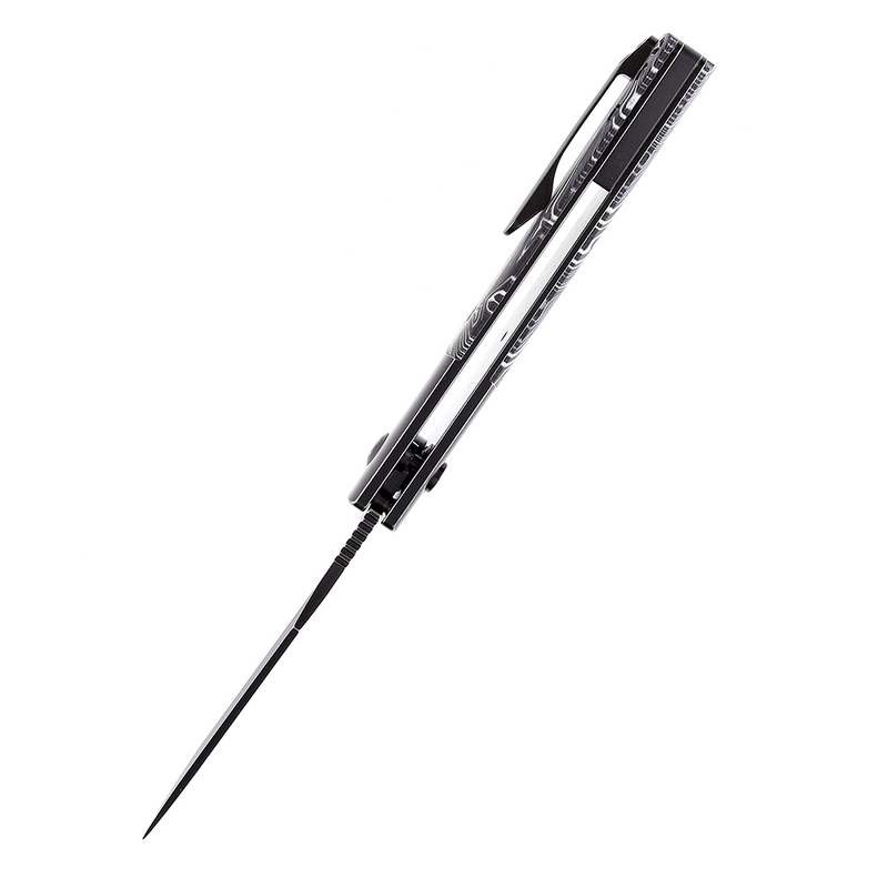 Shikari SBL Button Lock K2027B1 Black Stonewashed CPM S35VN Blade Black Stonewashed Titanium +Black White Gmascus Handle with Morgan Koens Dessign