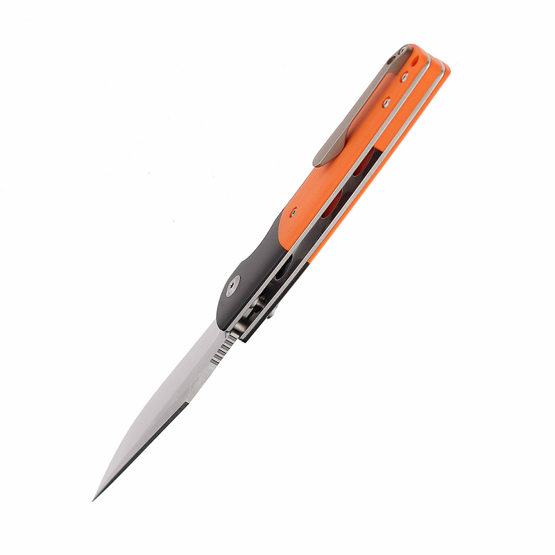 Shikari SBL  Button Lock T2027B2 Stonewashed 154CM Blade Black Aluminum + Orange G10 Handle with Morgan Koens Dessign
