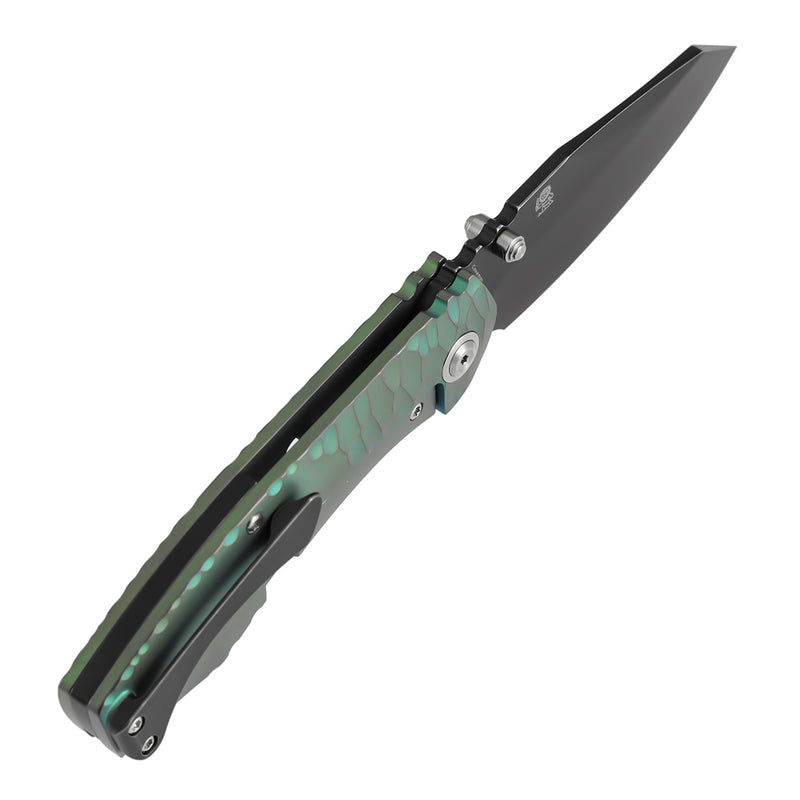 Kansept Caveman | Frame Lock | Green Anodized and Stonewashed Titanium with CNC-machined Rock Pattern | 3.57" CPM 20CV Blade |  Jesse Pauley Designed | K1110A3