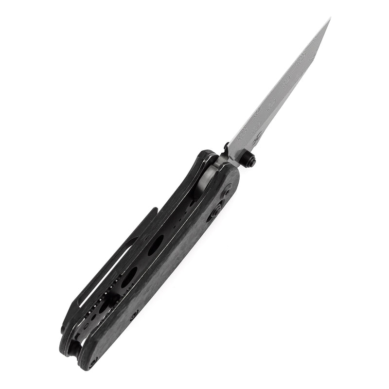 KANSEPT Little Main Street Cross Bar Lock Shred Carbon Fiber Handle (2.26'' Damascus Blade) Dirk Pinkerton Design-K2015V7
