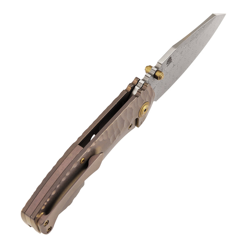 Kansept Caveman | Frame Lock | Rose Gold Anodized and Stonewashed Titanium with CNC-machined Rock Pattern | 3.57" Damascus Blade |  Jesse Pauley Designed | K1110A6