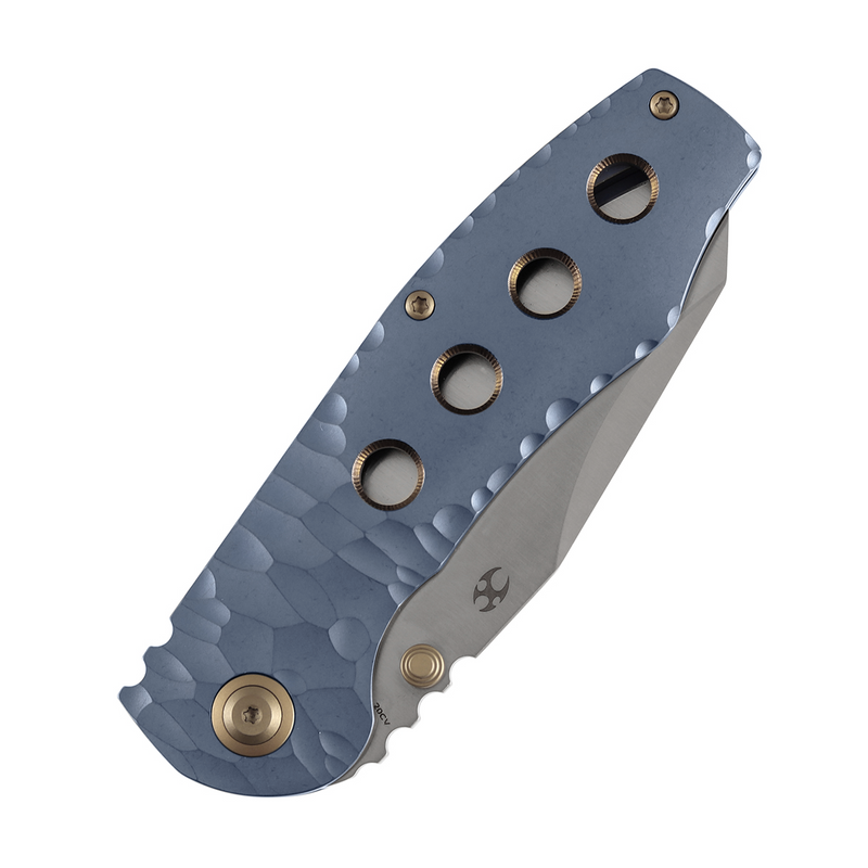 Kansept Caveman | Frame Lock | Blue Anodized and Stonewashed Titanium with CNC-machined Rock Pattern | 3.57" CPM 20CV Blade |  Jesse Pauley Designed | K1110A5