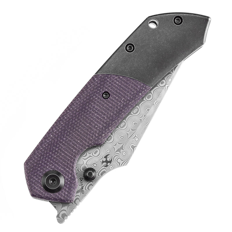 KANSEPT Fenrir Front Flipper/Thumb Stud Knife Blackwash Titanium and Purple Micarta Handle (3.48''Damascus Blade) Greg Schob Design -K1034Z2